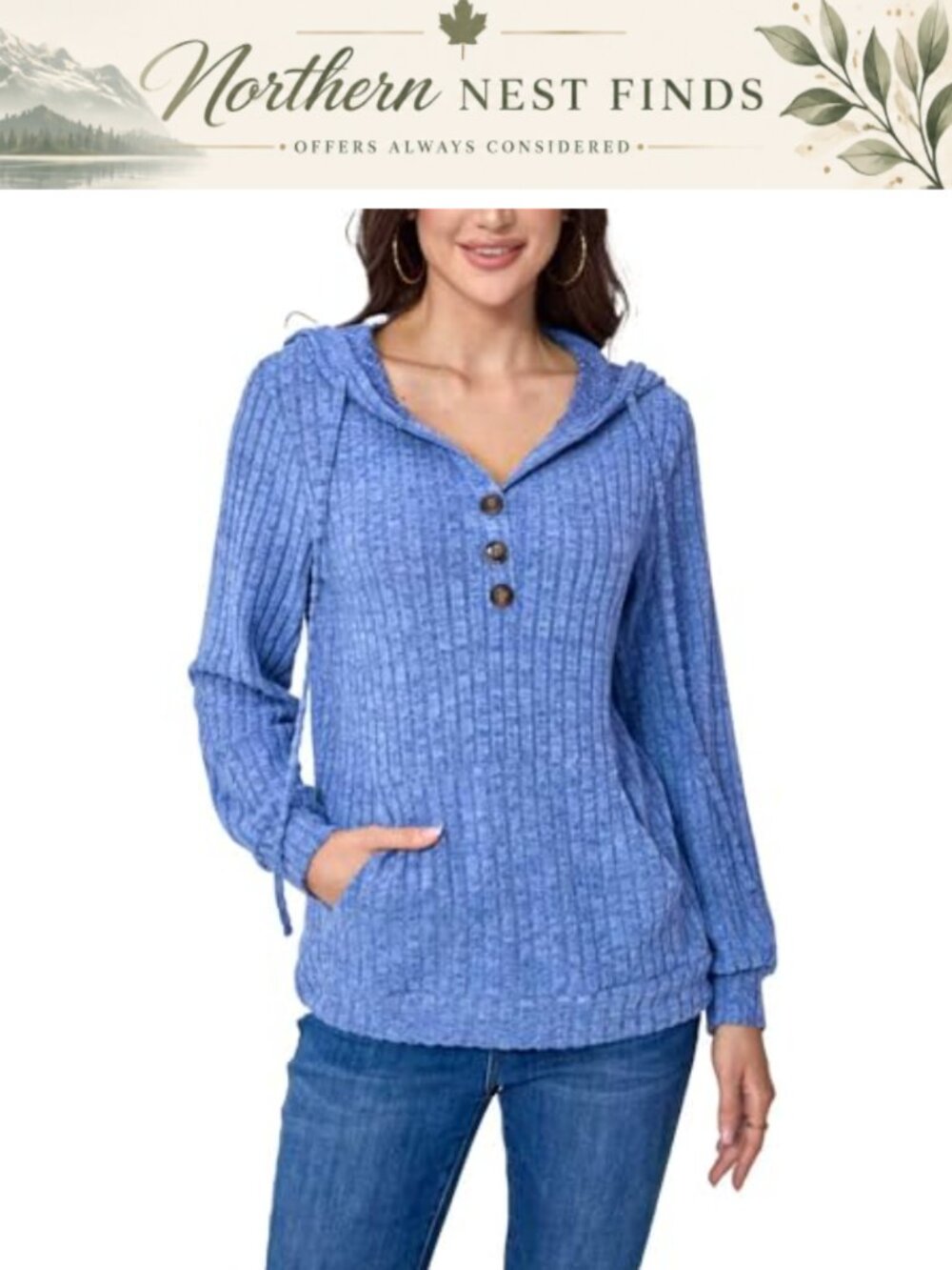 Ribbed Knit Hoodie Women V-Neck Button Pullover Sweater with Pocket